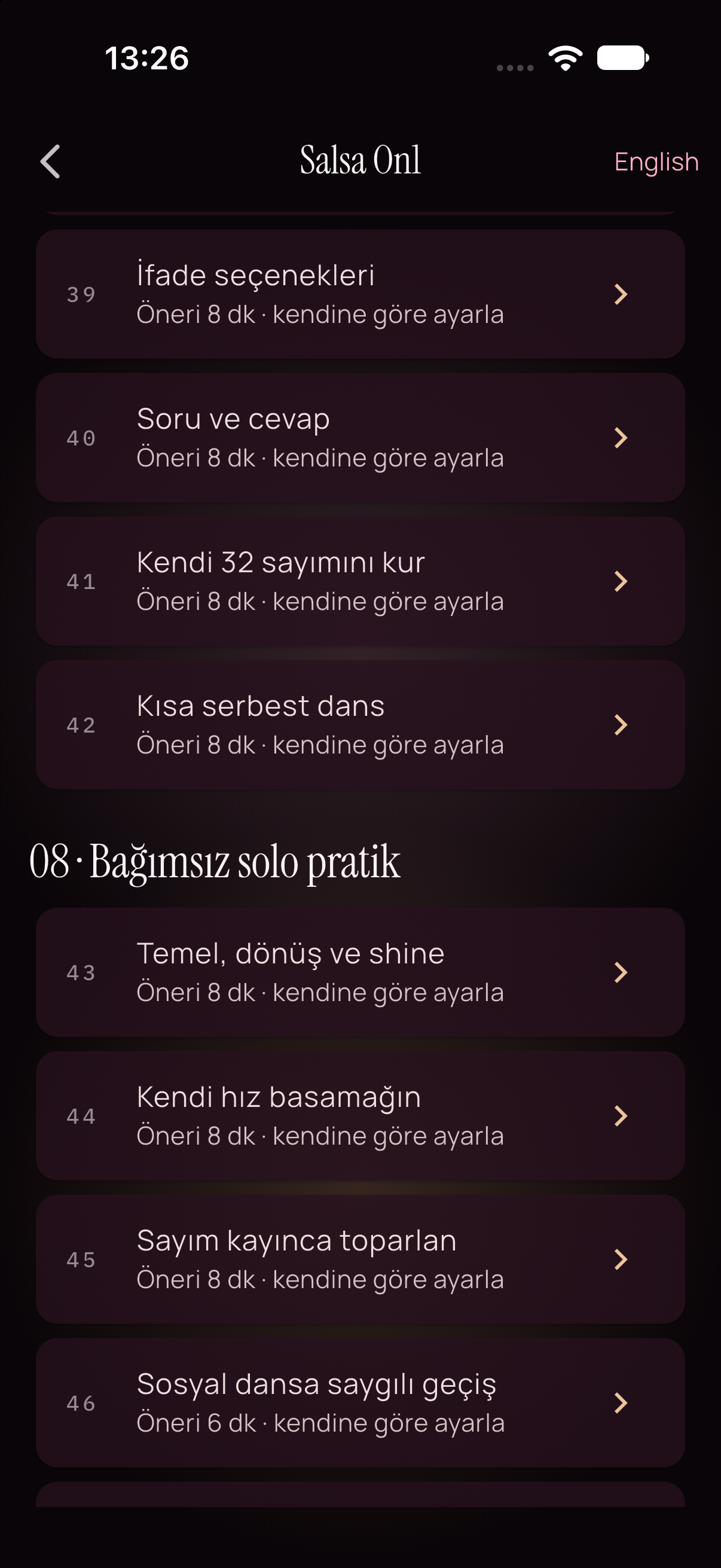 Choreia Salsa On1 ders listesi, normal iOS geliştirme sürümü. Önerilen süreler ve kurs adımları görünür; fiziksel dans kalitesi kanıtı değildir.
