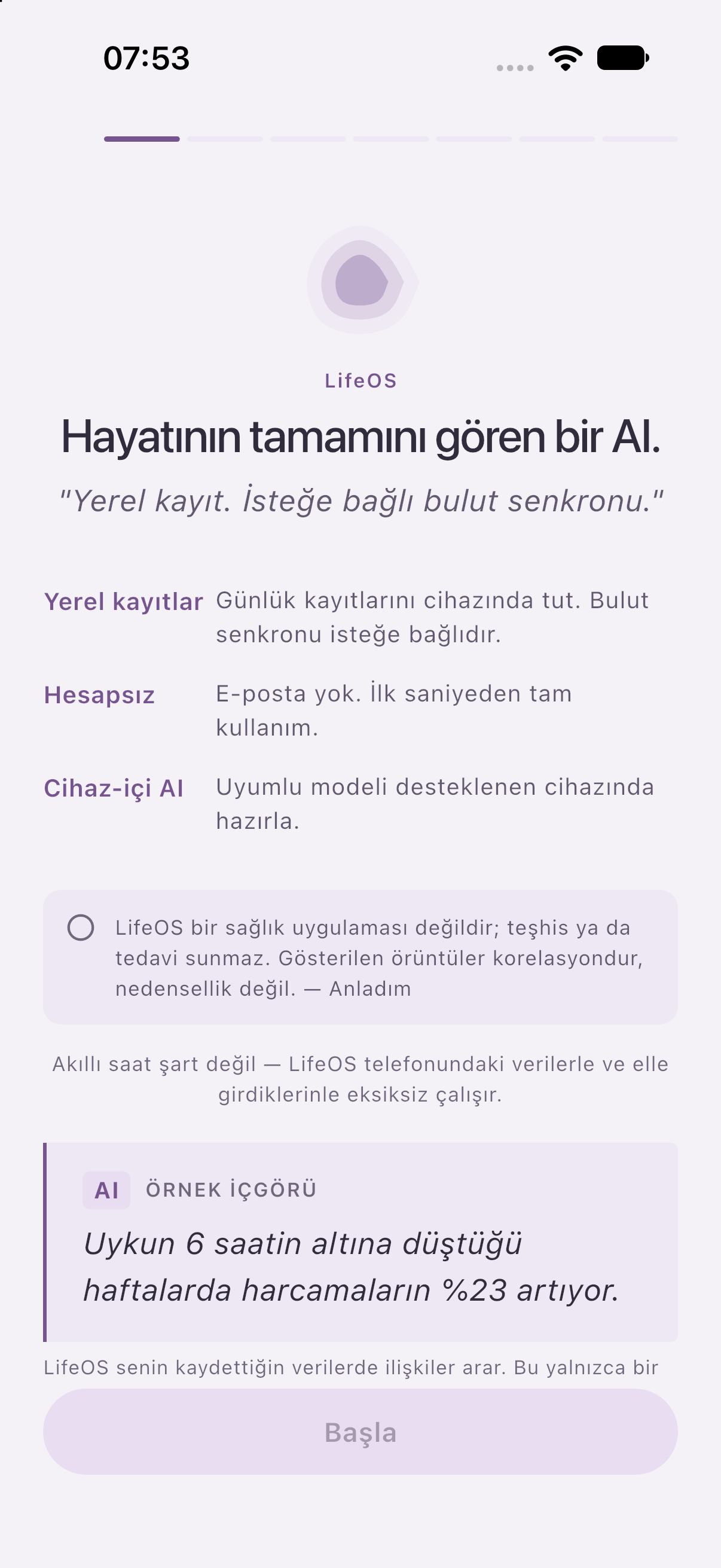 LifeOS ilk başlangıç ekranı, iOS geliştirme sürümü. İçgörü metni örnektir; gerçek kullanıcı sonucu değildir.