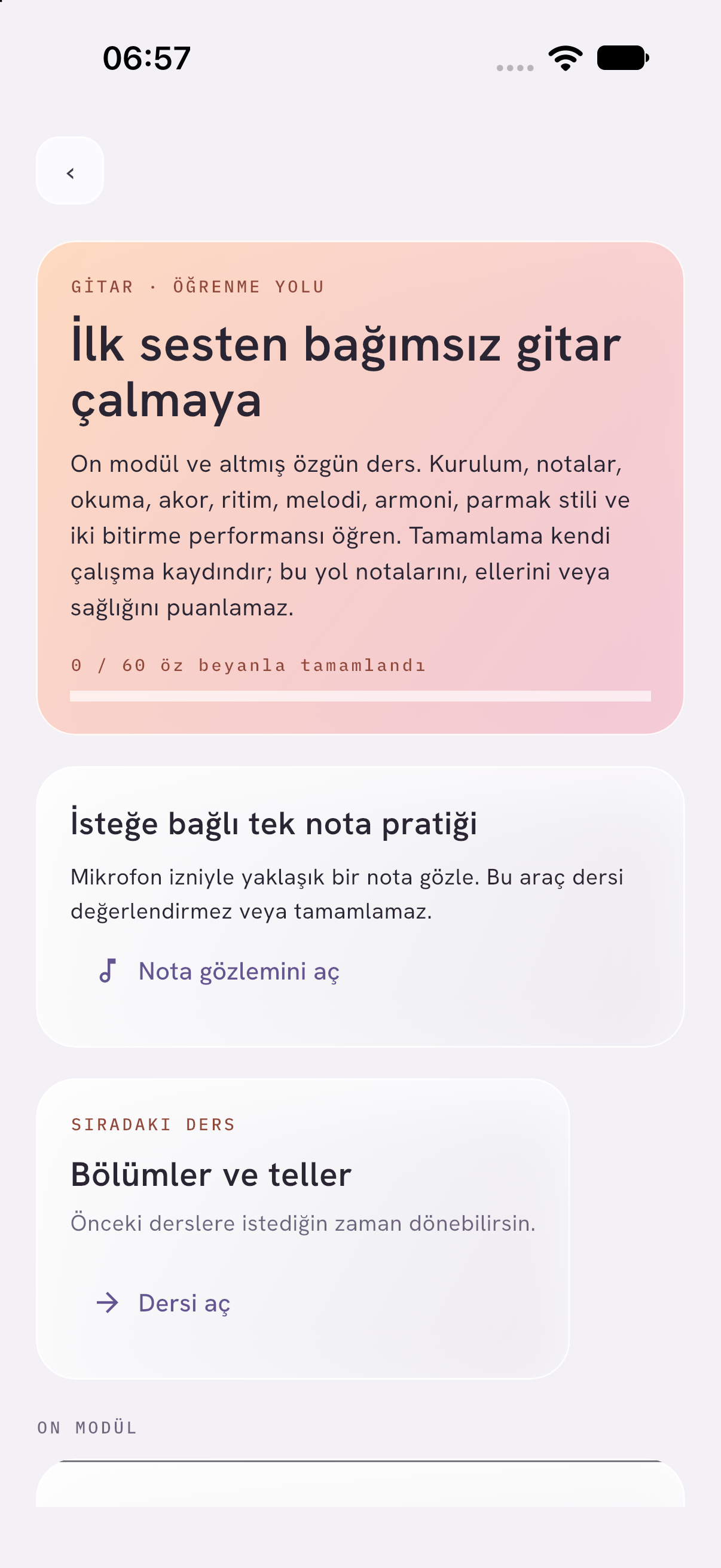 Ostinato kurs görünümü, iOS geliştirme sürümü; öz bildirime dayalı ilerleme.